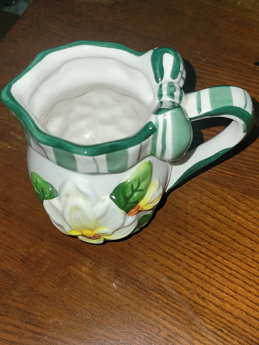 Hand-Painted Ceramic Creamer with Green Striped Handle